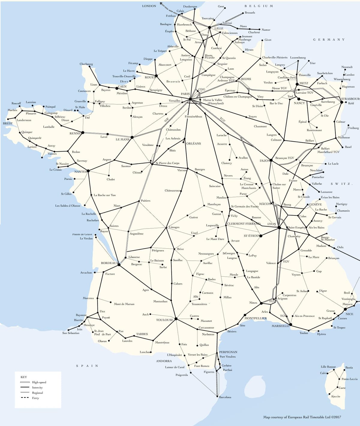 mappa delle linee ferroviarie in Francia