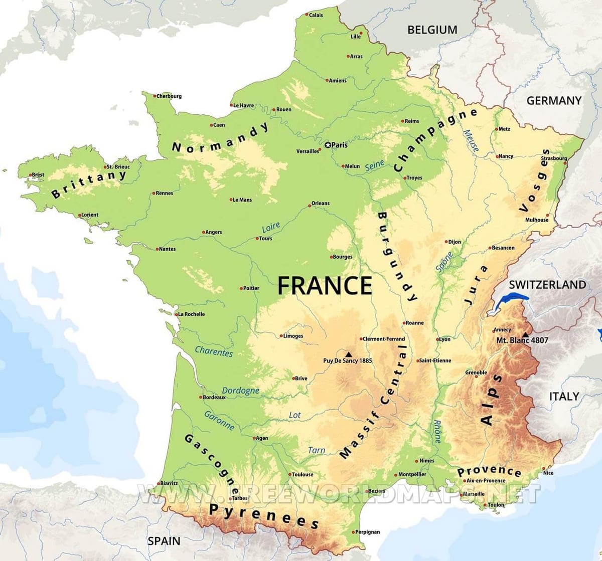 Francia caratteristiche fisiche mappa