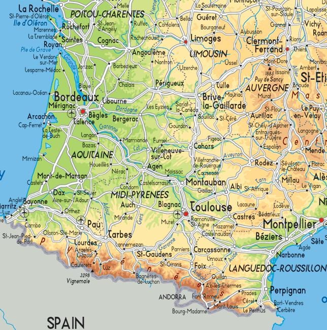 mappa di sud ovest della Francia